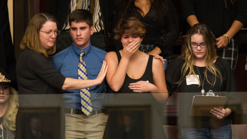 A student from Marjory Stoneman Douglas High School is overcome with emotion seeing the Florida House refuse to let the bill out of committee. Photo: AP